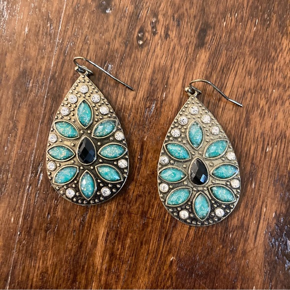 Jewelry - Teardrop Gold and Turquoise Drop Earrings